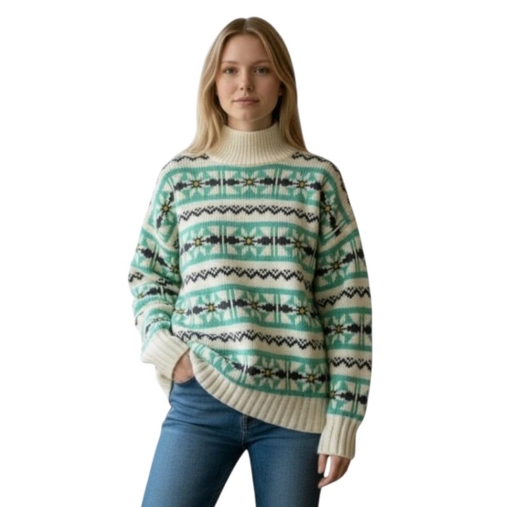 American Eagle Sweater Womens S Fair Isle‎ Mock Neck Oversized Polyester Blend